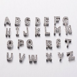 Letter Platinum Plated Brass Micro Pave Cubic Zirconia Letter Slide Charms, Random Mixed Letters, 8~11x4~10x4~4.5mm, Hole: 4.5x1.5mm