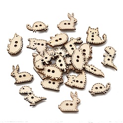 Amande Blanche 2 Boutons en bois à motif animalier avec trou, formes variées avec bordure cousue, amande blanchie, 11.5~20x20~25x2.5mm, Trou: 2.5mm