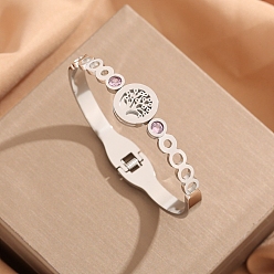 Нержавеющая Сталь Цвет Шарнирные браслеты из нержавеющей стали для женщин, со стразами, плоские круглые с деревом, цвет нержавеющей стали, внутренний диаметр: 2-3/8~2-1/2 дюйм (6~6.2 см)