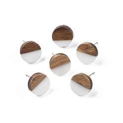 Белый Серьги-гвоздики из непрозрачной смолы и орехового дерева, с 316 штифтов из нержавеющей стали, плоско-круглые, белые, 10 мм, штифты : 0.7 мм