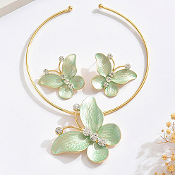 Темный Морско-зеленый Комплекты из ожерелий и серег-гвоздиков из сплава эмали и хрустальных страз, золотые, бабочка, темно-зеленый, внутренний диаметр: 4.72 дюйм (12 см)