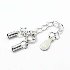 Platinum Rhodium Plated 925 Sterling Silver Cord Ends, with Extender Chains, Teardrop Charms and Spring Ring Clasps, Platinum, 46mm