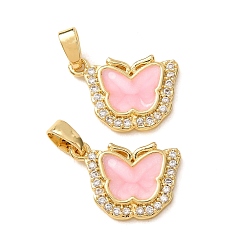 Pink Латунные микропаве прозрачные подвески с фианитом, с эмалью, бабочки прелести, реальный 18 k позолоченный, розовые, 11.5x15.5x2 мм, отверстие : 2.5x4.5 мм
