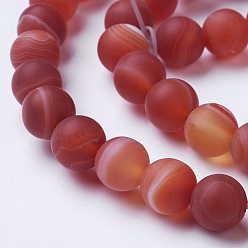 Brown Natural Grade A Striped Agate/Banded Agate Beads Strands, Dyed & Heated, Frosted, Round, Brown, 6mm, Hole: 1mm, about 62pcs/strand, 14.9 inch(38cm)