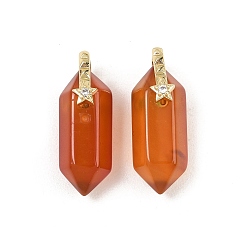 Cornaline Pendentifs doubles en cornaline naturelle, Breloques en forme de balle facettée avec étoile pavée de zircon cubique transparent en laiton, réel 18 k plaqué or, sans cadmium et sans plomb, crémaillère plaquage, plaqué longue durée, 21~22x12~13x8.5~9mm, Trou: 0.8~1.5x6.5mm