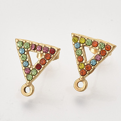 Colorful 304 Stainless Steel Stud Earring Findings, with Rhinestone, Loop and Ear Nuts/Earring Backs, Triangle, Golden, Colorful, 15x13.5x2mm, Hole: 1.5mm, Pin: 0.8mm
