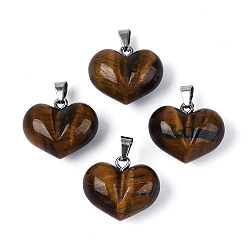 Тигровый глаз Массивные подвески в форме сердца из натурального тигрового глаза, с 304 защелкой из нержавеющей стали на поручнях, цвет нержавеющей стали, 17~18x20~20.5x11~12 мм, отверстие : 5.5~6x2.5~3.5 мм