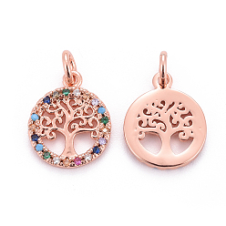 Rose Gold Brass Micro Pave Cubic Zirconia Charms, with Jump Rings, Flat Round with Tree of Life, Colorful, Rose Gold, 14.5x12x1.5mm, Hole: 2.5mm
