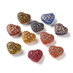 Mixed Color Handmade Lampwork Beads, Heart with Bowknot, Golden Metal Enlaced, Mixed Color, 13.5x16x7mm, Hole: 1mm