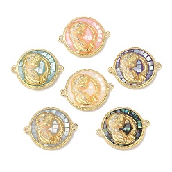 Human Epoxy Resin & Shell Connector Charms, Rack Plating Brass Pave Clear Cubic Zirconia Flat Round Links, 18K Gold Plated, Mixed Color, Long-lasting Plated, Cadmium Free & Lead Free, Girl, Human, 22x18x4mm, Hole: 1.2mm