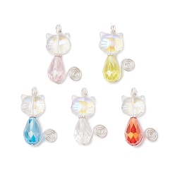 (52) Непрозрачная лаванда Стеклянные подвески в форме кошки, с медными петлями, граненые, разноцветные, 34x24x10 мм, отверстие : 3.5 мм