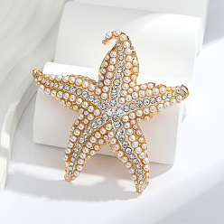 Золотой Булавки для лацканов из сплава со стразами в виде морской звезды для одежды-рюкзака, с пластиковой жемчужины, золотые, 68.5x68.5 мм