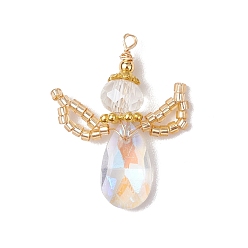Прозрачный Стеклянные подвески, ангельские прелести, с латунной бусиной, стеклянным бисером и круглой петлей из экологически чистой медной проволоки, граненые, прозрачные, 31~32x22~25x8 мм, отверстие : 1.8 мм