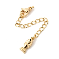 Настоящее золото 18K Удлинитель цепочки из латуни с микропаве и прозрачным кубическим цирконием, цепочки с застежками-карабинами и подвесками в виде рыбок, реальный 18 k позолоченный, 74 мм, отверстие : 2.7 мм