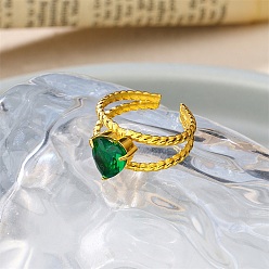 Зеленый 304 Открытые кольца-манжеты из нержавеющей стали и кубического циркония для женщин, сердце, золотые, зелёные, Сердце: 9x9.5 mm, размер США 7 1/4 (17.5 мм)