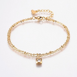 Кристалл 304 трос из нержавеющей стали цепи браслеты, многожильных браслеты, со стразами, застежка когтя омара, квадратный, золотые, кристалл, 7-1/8 дюйм (180 мм), 1.5~2 мм