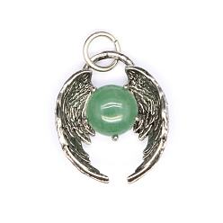 Зеленый Авантюрин Естественный зеленый авантюрин подвески, круглые шары с металлическими крыльями ангела, античное серебро, 26x22 мм