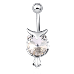 Transparent Piercing schmuck echt messing platiniert zirkonia eule nabelring nabelring bauchringe, mit 304 Edelstahlleiste, Transparent, 32x12 mm, Stangenlänge: 3/8"(10mm), Stange: 14 Spurweite(1.6mm)
