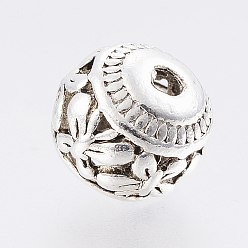 Antique Silver Tibetan Style Alloy Beads, Round with Butterfly, Antique Silver, 8x7.5mm, Hole: 1.5mm