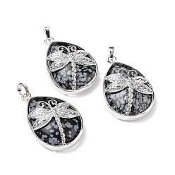 Снежный Обсидиан Естественно снежинка обсидиана подвески, с латунной фурнитурой платинового цвета, без свинца и без кадмия, слезинка с подвесками в виде стрекоз, 40~40.5x26~26.5x9~9.5 мм, отверстие : 5x7 мм