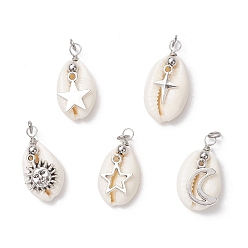 Античный Серебристый & Платиновый Подвески из натуральной ракушки каури и сплава, с медными ювелирными проволочными петлями, разнообразные, белые, старинное серебро и платина, 27.5~30.5x14~16x9~10 мм, отверстие : 3 мм