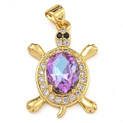 Орхидея Черепаховая стойка покрытие латунь микропаве кубические цирконии подвески, без кадмия и без свинца, долговечный, реальный 18 k позолоченный, сиреневые, 25x17x5.5 мм, отверстие : 4x3.5 мм