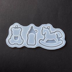 Silicone DIY Bear & Feeder & Racking Horse Pendant Silhouette Silicone Molds, Quicksand Molds, Resin Casting Molds, for UV Resin & Epoxy Resin Craft Making, 85x193x9mm, Hole: 3.6mm, Inner Diameter: 65~69x52~80mm