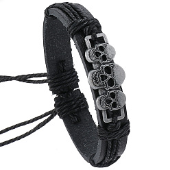 Черный Регулируемая имитация браслеты кожаный шнур, сплав браслеты черепа звенья для мужчин, чёрные, внутренний диаметр: 2-1/8~2-3/4 дюйм (5.5~7 см)