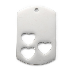 Stainless Steel Color Non-Tarnish 304 Stainless Steel Pendants, Rectangle with Hollow Heart, Stainless Steel Color, 40x25x1.5mm, Hole: 2.4mm