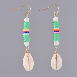 Spring Green Dangle Earrings, with Polymer Clay Heishi Beads, Natural Spiral Shell Round Beads, Cowrie Shell Beads and Real 18K Gold Plated Brass Earring Hooks, Spring Green, 75mm, Pin: 0.7mm