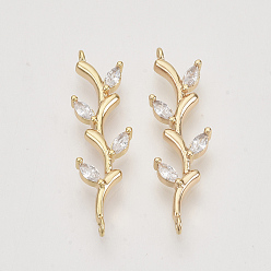 Настоящее золото 18K Латунные соединители с кубическим цирконием, реальный 18 k позолоченный, цветок, прозрачные, без никеля , 29.5x8.5x3 мм, отверстие : 1 мм