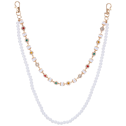 Light Gold 1Двухслойные цепочки для джинсов из сплава с разноцветными стразами в виде цветов и круглыми пластиковыми жемчужинами., белые, золотой свет, 475 мм