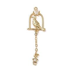 Golden Brass Micro Pave Clear Cubic Zirconia Connector Charms, Birdcage with Bird Links, Golden, 48x14x3mm, Hole: 1.2mm