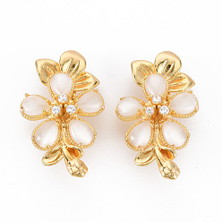 Real 18K Gold Plated Brass Micro Pave Clear Cubic Zirconia Twister Clasps, with Shell, Nickel Free, Flower, Real 18K Gold Plated, 39x23x14mm, Hole: 1mm