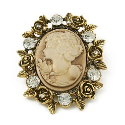 Античное Золото Брошь из сплава со стразами для рюкзака для одежды, со смолой и блестками, овальные с женщинами, античное золото , 59x50x13.5 мм