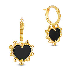 Black Brass Hoop Earrings, with Natural Dyed & Heated Black Agate, Heart, Real 18K Gold Plated, Black, 28mm
