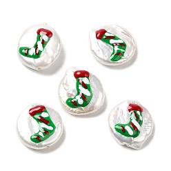 Christmas Socking Baroque Style Natural Keshi Pearl Beads, Hand Drawn Beads, Christmas Theme Beads with Enamel, Flat Round, Seashell Color, Christmas Socking, 17~20x15~17x4~7mm, Hole: 0.7mm
