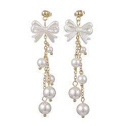 Золотой Серьги-гвоздики с бантом из искусственного жемчуга ABS, с круглыми бусинами из ракушек и фурнитурой для сережек из нержавеющей стали, золотые, золотые, 68 мм