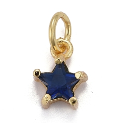 Medium Blue Brass Micro Pave Cubic Zirconia Pendants, Long-Lasting Plated, with Jump Rings, Real 18K Gold Plated, Star, Medium Blue, 8.5x7x4mm, Hole: 3mm
