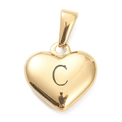Letter C 304 Stainless Steel Pendants, Heart with Black Letter, Golden, Letter.C, 16x16x4.5mm, Hole: 7x3mm