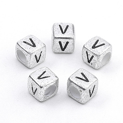 Letter V Покрытие акриловыми шариками, горизонтальное отверстие, куб с письмом, античное серебро, letter.v, 6 мм, отверстие : 3 мм, Около 3000 шт / 500 г