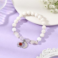 Stainless Steel Color Natural White Moonstone Chip & Round Synthetic Lava Rock & Natural Quartz Crystal Beaded Stretch Bracelets, 201 Stainless Steel Sun and Moon Charm Bracelets for Women, Stainless Steel Color, Inner Diameter: 1.99 inch(5.05cm)