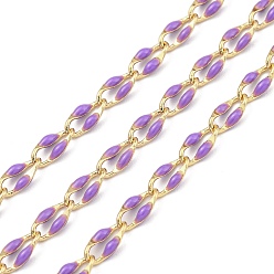 Сливовый Ионное покрытие (IP) латунных цепей, кабельные цепи с эмалью, реальный 18 k позолоченный, пайки, с катушкой, Плоско-овальные, слива, 8.5x4x1.5 мм, около 32.81 футов (10 м) / рулон