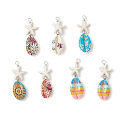 Платина Бусины из искусственной бирюзы в виде морской звезды и подвески из медной проволоки в виде ракушек каури, с гальваническим покрытием из немагнитного синтетического гематита, круглые бусины, разноцветные, платина, 43x14.5x7.5 мм, отверстие : 3.3 мм