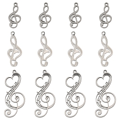 Stainless Steel Color 12Pcs 3 Styles Stainless Steel Pendants, Musical Note Charm, Stainless Steel Color, 17~32x8~12x1mm, Hole: 1~1.5mm, 4pcs/style