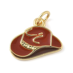 Седло Коричневый Латунь эмаль прелести, подвески в виде ковбойской шляпы, с целью перехода в кольце, без свинца и без кадмия, долговечный, стойки покрытие, реальный 18 k позолоченный, седло коричневый, 11x15x1 мм, отверстие : 3.4 мм