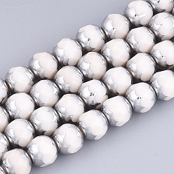 Creamy White Electroplate Opaque Glass Beads Strands, Half Silver Plated, Faceted, Round, Ivory, 8~8.5x7~8mm, Hole: 1mm, about 40pcs/strand, 11.8 inch