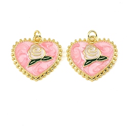 Pink Brass Enamel Pendants, Heart with Flower Charms, Real 18K Gold Plated, Pink, 21x22x3mm, Hole: 3mm
