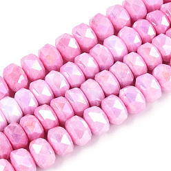 Ярко-Розовый Антикоррозийные гальванические стеклянные бусины, имитация драгоценных камней, рондель, с покрытием AB цвета, граненые, два тона, ярко-розовый, 8x5~6 мм, отверстие : 1.2 мм, около 68~77 шт / нитка, 14.76~15.16'' (37.5~38.5 см)