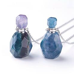 Fluorite Natural Fluorite Openable Perfume Bottle Pendant Necklaces, with 304 Stainless Steel Cable Chain and Plastic Dropper, Bottle, Size: about 34~40 long, 15~20mm wide